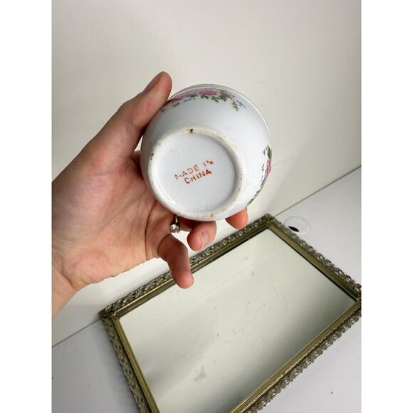 Porcelain Vanity Trinket / Jewelry Jar with Lid and Pink Rose, Yellow Flower - Picture 5 of 10